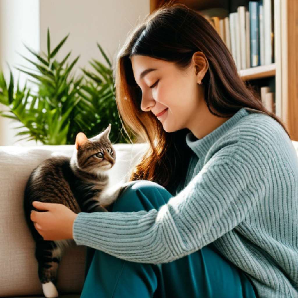 A kind-faced woman in a modest sweater and comfortable trousers, sitting on a plush sofa in a sunlit, cozy living room. Her hands are gently stroking a fluffy, well-groomed cat that is curled up peacefully on her lap. The woman has a serene, affectionate expression, looking down at the cat. The background features soft, warm tones with a bookshelf and a plant, creating a homely atmosphere. fully clothed, modest clothing, appropriate attire, professional dress, safe for work, perfect anatomy, correct proportions, natural pose, well-formed hands, proper finger count, natural body proportions, appropriate content, family-friendly, professional photography, high quality, realistic.