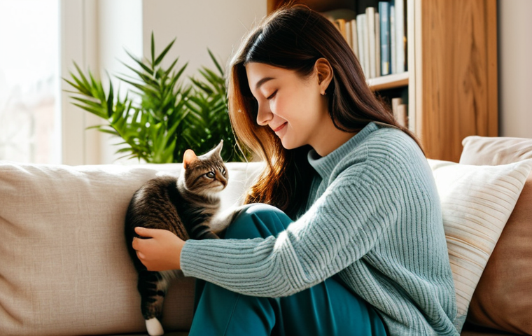 A kind-faced woman in a modest sweater and comfortable trousers, sitting on a plush sofa in a sunlit, cozy living room. Her hands are gently stroking a fluffy, well-groomed cat that is curled up peacefully on her lap. The woman has a serene, affectionate expression, looking down at the cat. The background features soft, warm tones with a bookshelf and a plant, creating a homely atmosphere. fully clothed, modest clothing, appropriate attire, professional dress, safe for work, perfect anatomy, correct proportions, natural pose, well-formed hands, proper finger count, natural body proportions, appropriate content, family-friendly, professional photography, high quality, realistic.