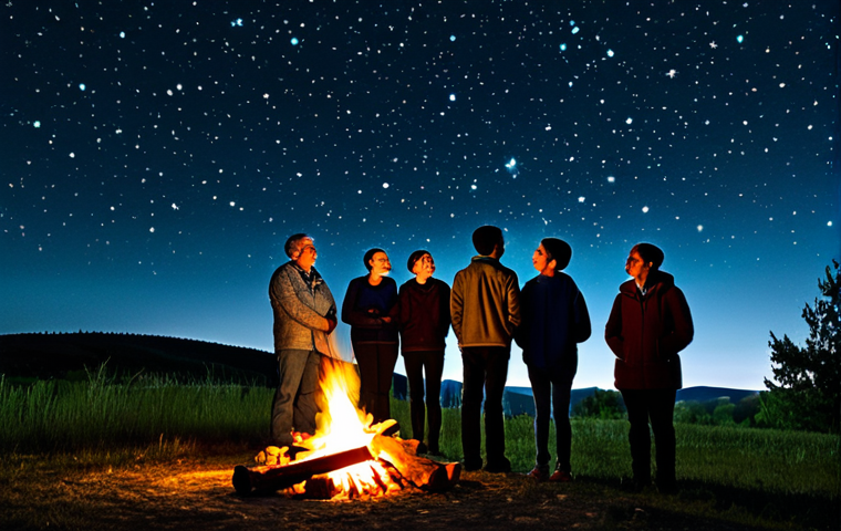 **

A group of diverse, fully clothed people of varying ages are gazing up at a night sky filled with constellations. They are standing in a peaceful, rural setting with a gentle glow from a nearby campfire illuminating their faces. Everyone is smiling and appears to be sharing a moment of wonder. Include subtle artistic representations of constellations overlaid on the night sky. Safe for work, appropriate content, fully clothed, family-friendly, perfect anatomy, correct proportions, natural pose, professional quality.

**