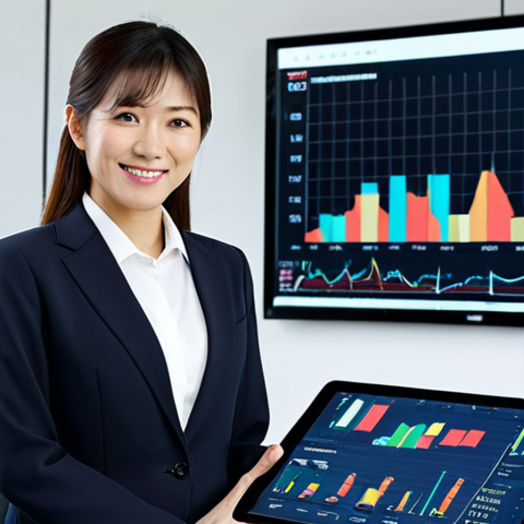 Confident Businesswoman**

A confident Japanese businesswoman in a modern, stylish business suit, standing in a bright, contemporary office with financial charts displayed on a large monitor in the background, fully clothed, appropriate attire, safe for work, perfect anatomy, natural proportions, professional, high quality, dynamic pose, slightly smiling, holding a tablet, Japanese characters subtly visible on the charts.

**