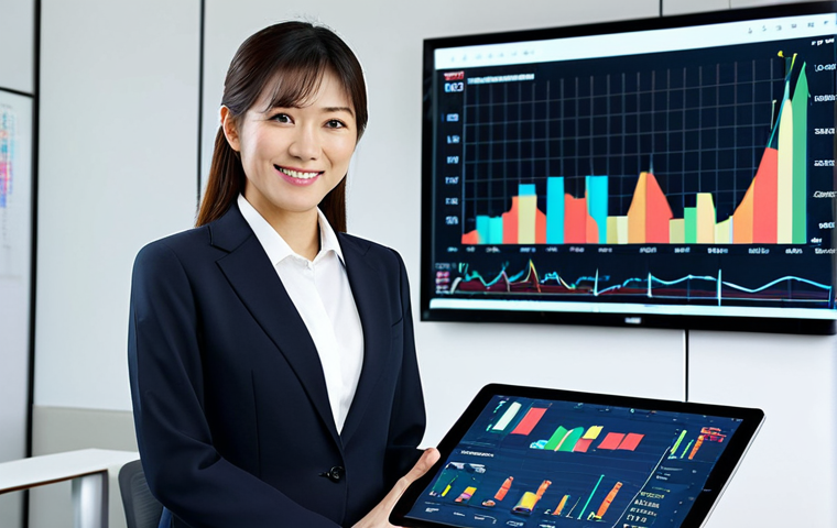 Confident Businesswoman**

A confident Japanese businesswoman in a modern, stylish business suit, standing in a bright, contemporary office with financial charts displayed on a large monitor in the background, fully clothed, appropriate attire, safe for work, perfect anatomy, natural proportions, professional, high quality, dynamic pose, slightly smiling, holding a tablet, Japanese characters subtly visible on the charts.

**