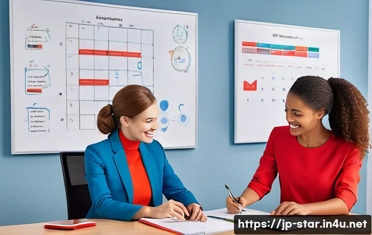 별자리와 커뮤니케이션 스타일 - A serene office scene showing diverse coworkers engaged in harmonious communication, each person sub...