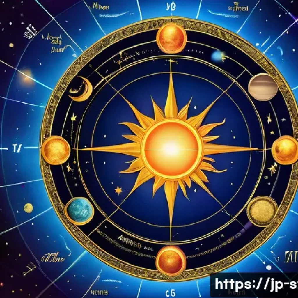 별자리와 점성술 차트 - A detailed celestial astrology chart spread across a cosmic background, showcasing the sun, moon, pl...
