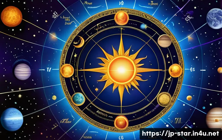 별자리와 점성술 차트 - A detailed celestial astrology chart spread across a cosmic background, showcasing the sun, moon, pl...