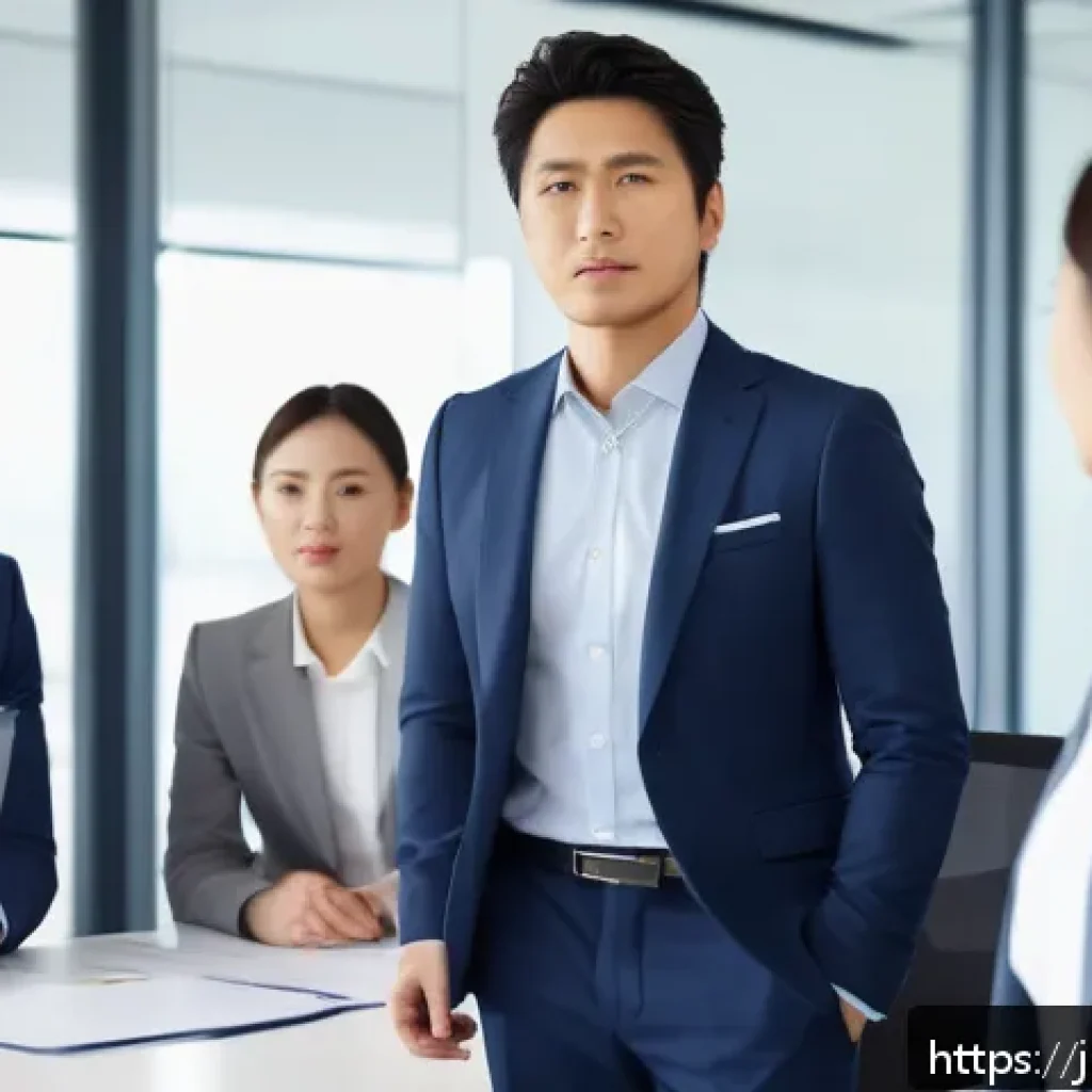 별자리별 유명 인물 - A confident and dynamic business leader standing in a modern office, dressed in stylish business att...
