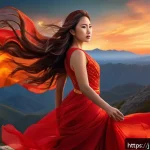별자리와 신념 체계 - A vibrant portrait of an Aries woman embodying passion and energy, standing confidently on a mountai...
