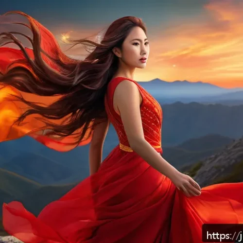별자리와 신념 체계 - A vibrant portrait of an Aries woman embodying passion and energy, standing confidently on a mountai...