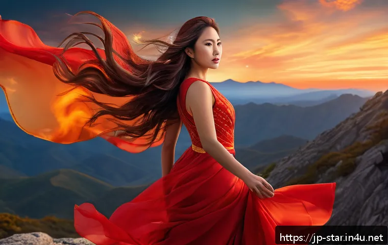 별자리와 신념 체계 - A vibrant portrait of an Aries woman embodying passion and energy, standing confidently on a mountai...