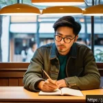별자리와 작가 유형 - A creative artist in a cozy, softly lit café, surrounded by sketchbooks, digital tablets, and scatte...