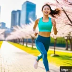 별자리별 운동 추천 - A dynamic scene of an energetic Aries woman jogging briskly through a sunlit urban park in spring, w...
