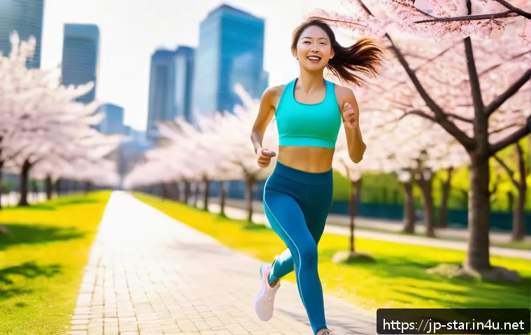 별자리별 운동 추천 - A dynamic scene of an energetic Aries woman jogging briskly through a sunlit urban park in spring, w...