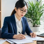 별자리와 직장생활 - A professional Japanese office scene featuring a meticulous Virgo woman in business attire carefully...