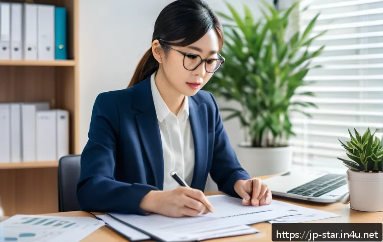 별자리와 직장생활 - A professional Japanese office scene featuring a meticulous Virgo woman in business attire carefully...