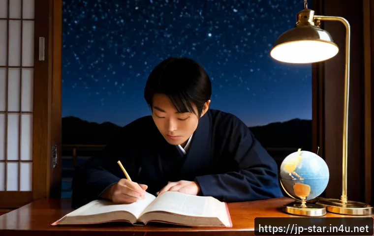별자리와 철학 - Photorealistic contemplative scene of a Japanese philosophy student seated at a wooden desk by a lar...