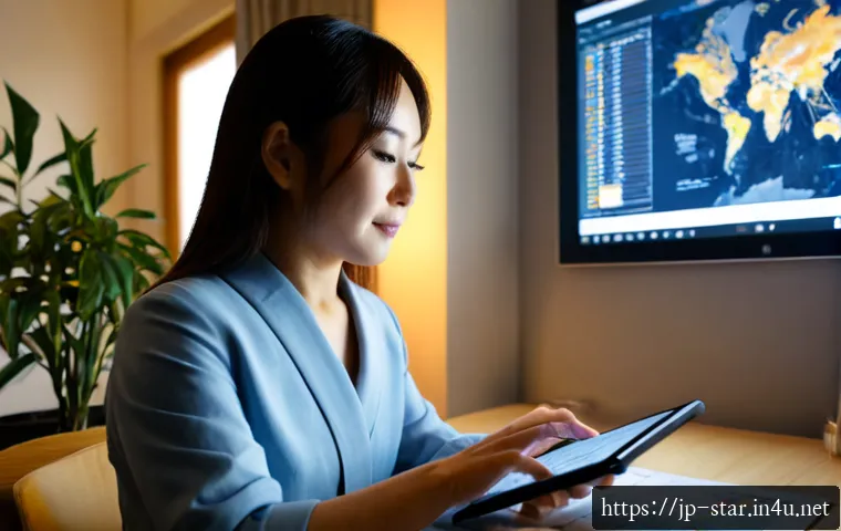 별자리별 투자 성향 - Photorealistic Japanese woman in her 30s calmly reviewing investment charts on a tablet at a tidy ho...