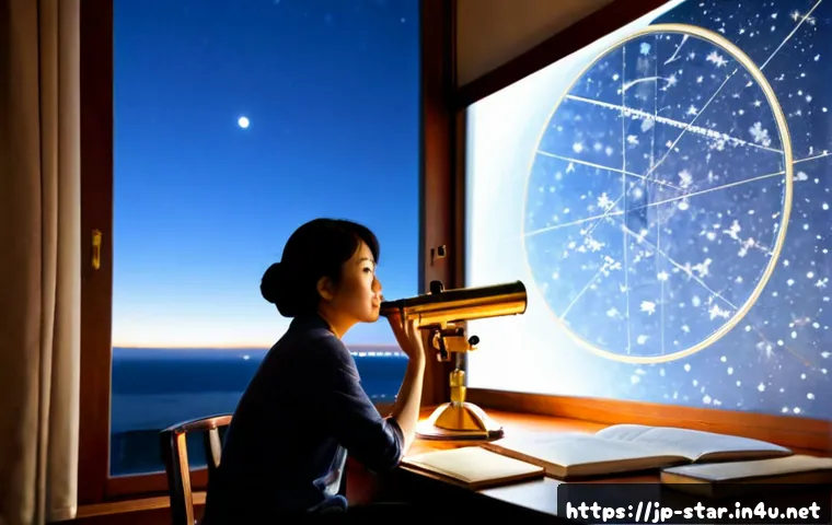 별자리와 미래 예측 - Photorealistic nighttime scene of a thoughtful Japanese woman in her fifties seated beside a large w...